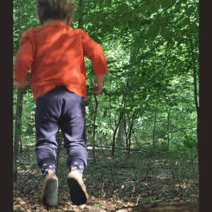 Ein Kleinkind springt im Wald von einem Baumstamm.