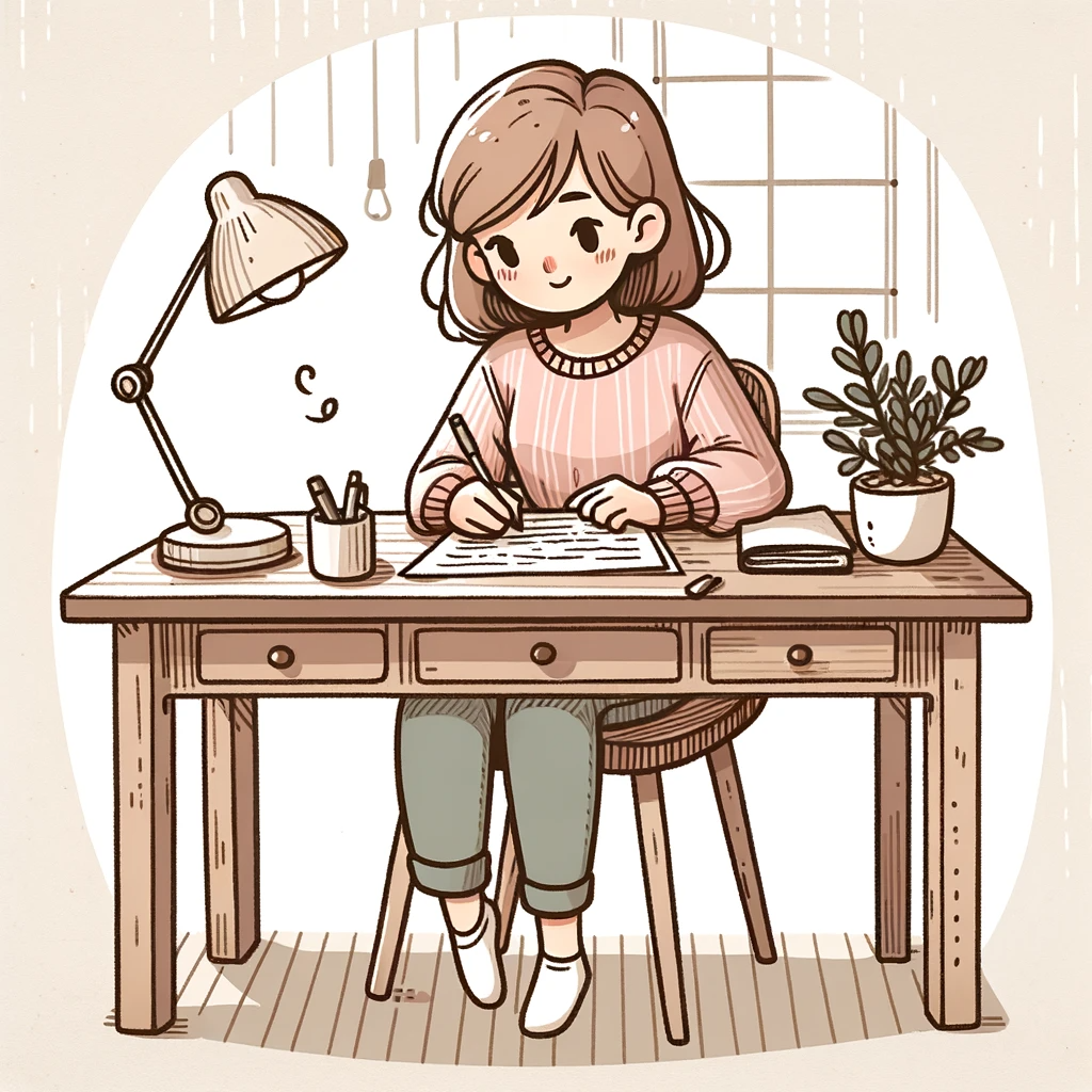 Doodle- schreibende Frau am Schreibtisch